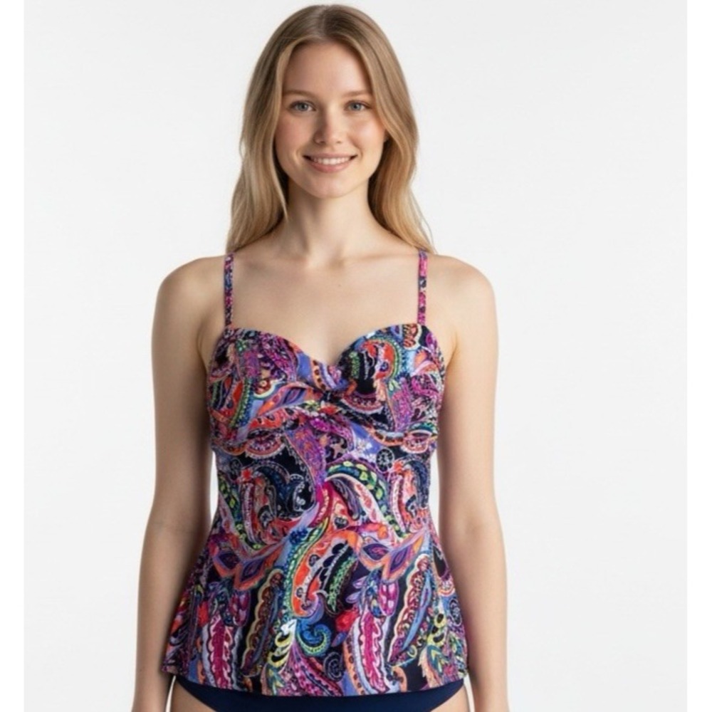 Anne Cole Women's M Twist Front Ruched Tankini Swim Top Multi Paisley UPF 50 NEW